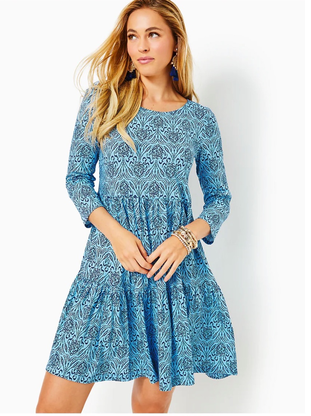 NWT Lilly Pulitzer Geanna 3/4 Sleeve Dress in Bon Bon Blue Go Your Own Wave